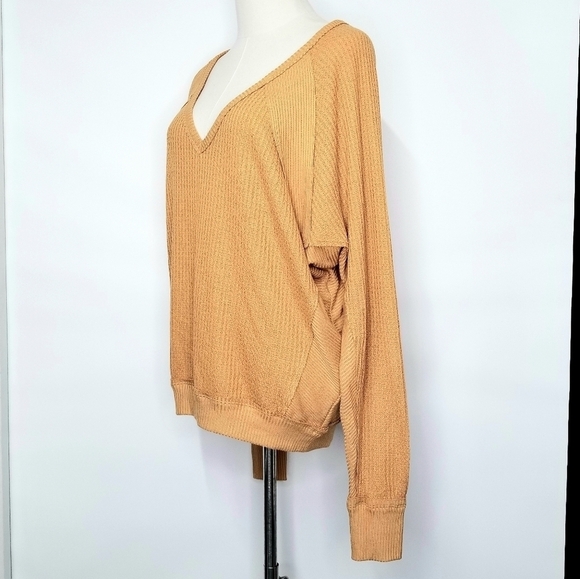 We the Free Yellow Mustard Loose Fit Deep V-neck Waffle Knit Longsleeve Top, S - Picture 4 of 10